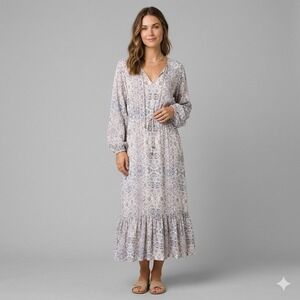 Roller Rabbit Blue Pink Floral Olaya Maxi Dress Long Sleeve Size Large